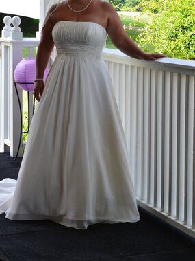 David's Bridal 16W Strapless Ivory Chiffon Wedding Dress, veil, slip & bolo jack